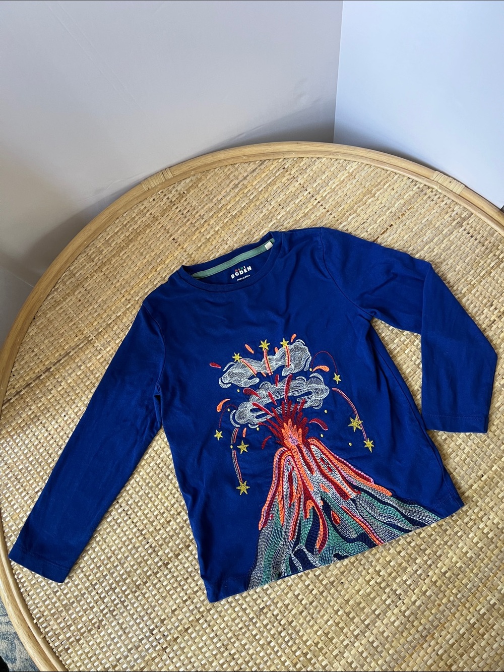 Mini Boden Superstitch Blue Long Sleeve Sweater Top Multi Volcanoes Boys 5-6 Yrs